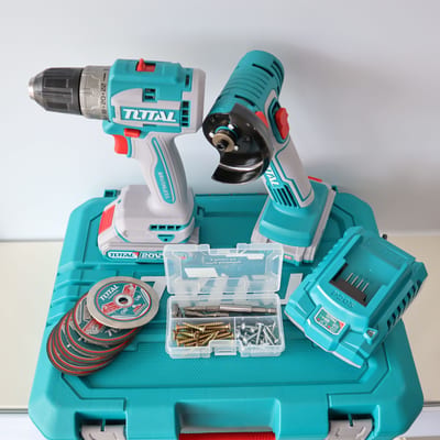 TOTAL COMBOSET 45 เครื่องเจียร์มินิ 3"+สว่าน ไร้สาย 20V BL (แบต2Ahx2+แท่นชาร์จ+กล่องพลาสติก)