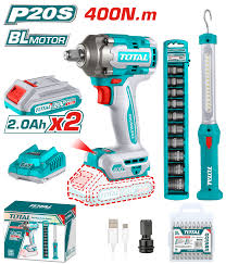TOTAL COMBO SET67 บล็อคกระแทกไร้สาย 20V BL 400NM+ไฟฉาย+ลูกบล็อค 10ตัวชุด (แบต2Ax2+แท่นชาร์จ)