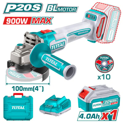 TOTAL เครื่องเจียร์ไร้สาย 4" 20V BL 900W (แบต4Ah+แท่นชาร์จ+กล่อง)