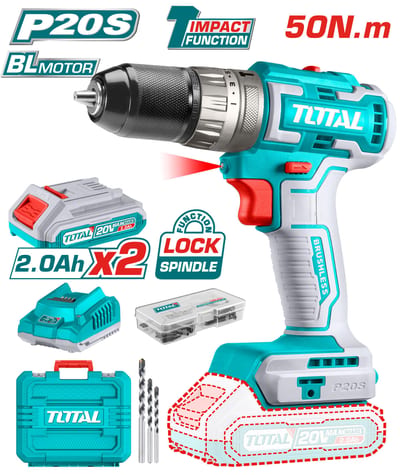 TOTAL สว่านกระแทกไร้สาย 20V BL 50NM (แบต2Ahx2+แท่นชาร์จ+กล่อง)
