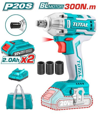 TOTAL บล็อคกระแทกไร้สาย 20V BL 300NM (แบต2Ahx2+แท่นชาร์จ+กระเป๋า)
