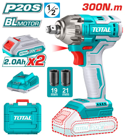 TOTAL บล็อคกระแทกไร้สาย 20V BL 300NM (แบต2Ahx2+แท่นชาร์จ+กล่อง)