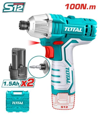 TOTAL สว่านไขควงกระแทกไร้สาย 12V (แบตกลม1.5Ahx2+ชาร์จเจอร์+กล่อง )