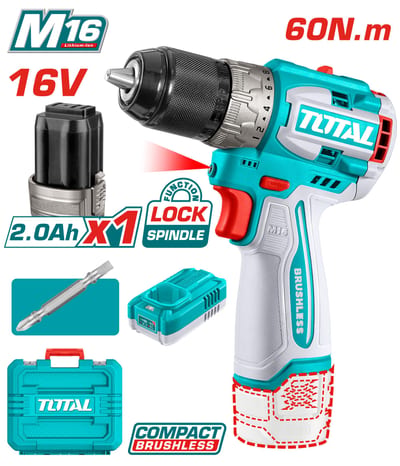 TOTAL สว่านไร้สาย 16V BL (แบต2Ah+แท่นชาร์จ 1.3Ah+กล่อง)