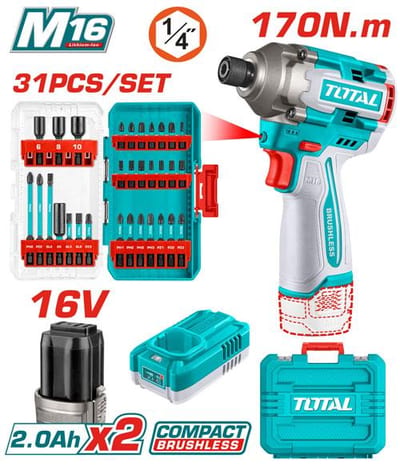 TOTAL COMBOSET 97 ไขควงกระแทก170Nm+ชุดดอกไขควงดำ ชิ้น 16V ไร้สาย BL (แบต2Ahx2+แท่นชาร์จ+กล่อง)